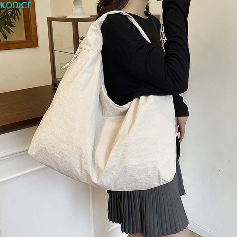 KODICE กระเป๋าสะพายไนลอน, Casual Double Zipper Design ความจุขนาดใหญ่ Tote Bag, แฟชั่นหลายกระเป๋าสไตล์ญี่ปุ่นสีทึบอเนกประสงค์ Commuting กระเป๋าถือช้อปปิ้ง