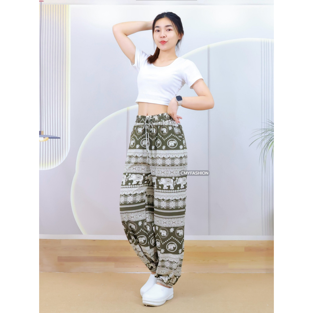 กางเกงขายาว 9ส่วน กางเกงขากระบอก ปลายขาจั้ม พิมพ์ลายช้าง ผ้าไหมอิตาลี่ เนื้อผ้านิ่ม  p9383# - รูปที่ 5