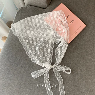 (ส่งจากไทย)ผ้าคลุมผมสามเหลี่ยมลูกไม้สไตล์ฝรั่งเศส ดีไซน์วินเทจลายดอกไม้ เนื้อบางเบาระบายอากาศ ใส่ได้ทุกฤดู