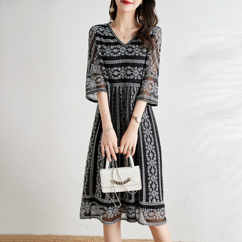 K4477 Plus ขนาดเสื้อผ้าผู้หญิงคนอ้วนเสื้อผ้าฤดูร้อนไขมัน mmv คอ High-End ชีฟอง Slimmer ดูชุด 18117 R