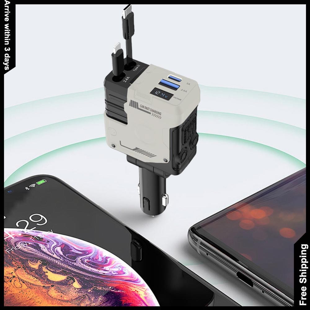 4 in 1 Retractable Car Charger Fast Car Phone Charger ปรับมุม Super Fast Car Phone Charger 120W USB 