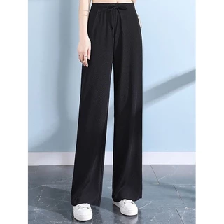 black pants กางเกงขายาว ผู้หญิง เอวยางยืด ผ้านิ่ม กางเกง ระบายอากาศได้ดี สะดวกสบาย สีพื้น ผ้าร่อง ใส่แล้วดูผอม