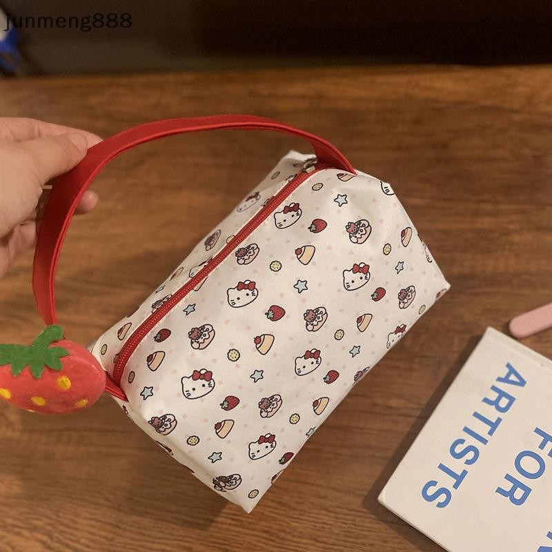 Junmeng888 หวานน่ารัก Hello Kitty กระเป๋าเครื่องสําอางมือถือขนาดใหญ่ความจุแบบพกพาผู้หญิงแฟชั่นกระเป๋