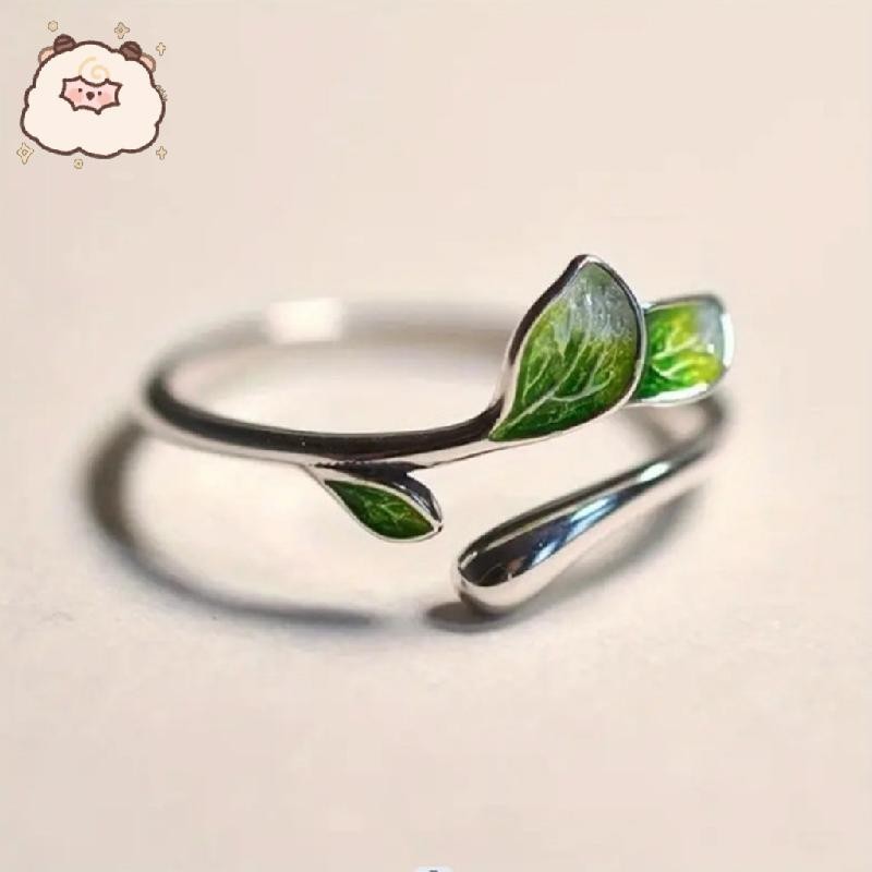 สง่างามปรับใบสีเขียวเปิดแหวนโลหะผสมออกแบบเดียวอารมณ์สไตล์โบราณวรรณกรรมสดแหวน
