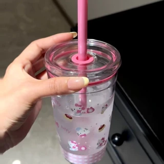 Ins สีชมพูน่ารักการ์ตูน HelloKitty ถ้วยกาแฟมูลค่าสูง DIY ถ้วยพลาสติกนักเรียน Office Home ถ้วยฟาง