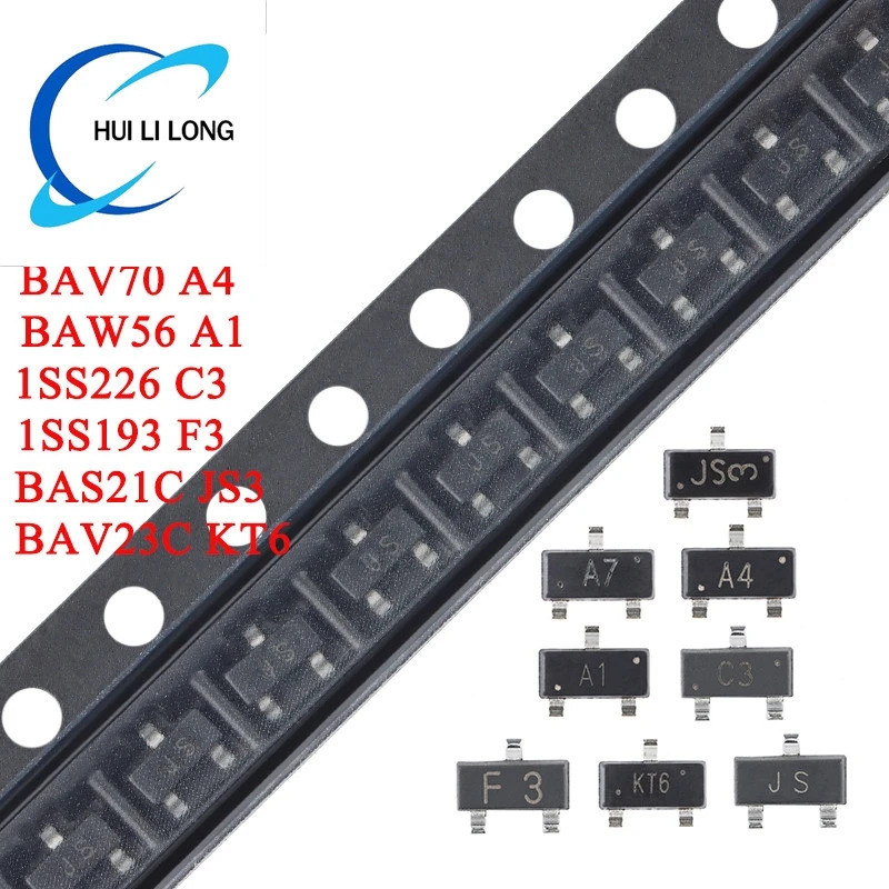 50 ชิ้น/ล็อต BAW56 A1 BAV70 A4 BAV99 A7 BAV23C KT6 BAS21C JS3 BAS21 JS 1SS226 C3 1SS193 F3-23 SMD สว