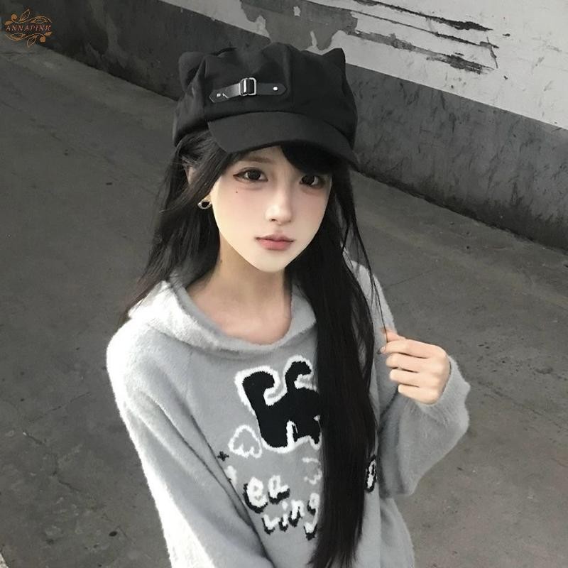 หมวกเบเร่ต์หูแมวสำหรับผู้หญิง สไตล์ Gothic Lolita พร้อมซิป งานแฮนด์เมด