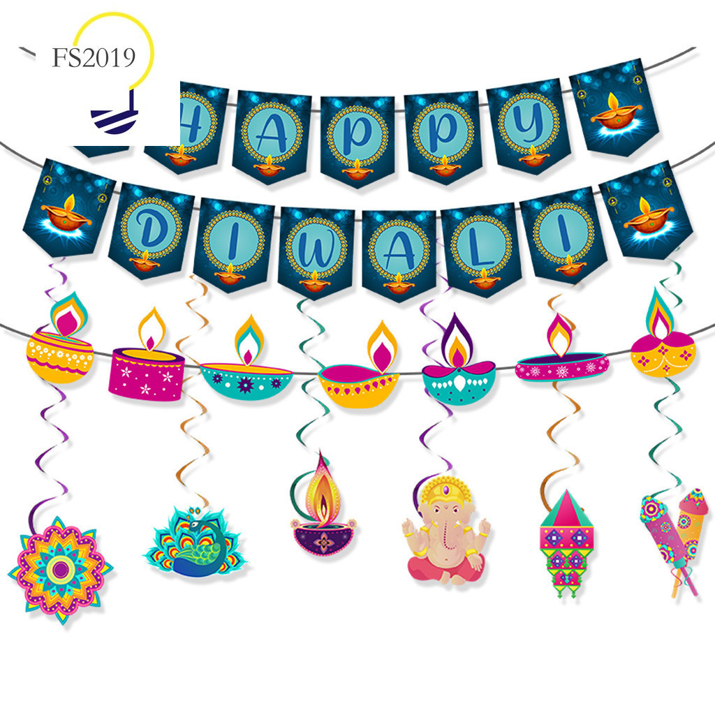 ขายส่ง 2024 Happy Diwali ธงดาวเรืองเกลียวตกแต่ง Deepavali ของขวัญตกแต่งสร้างบรรยากาศงานรื่นเริง FS20