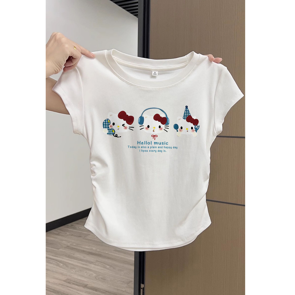 TIHIK baby tee เสื้อน่ารัก เสื้อครอป หูฟังการ์ตูนรูปแบบแมวคิตตี้ เสื้อยืดฤดูร้อนสำหรับผู้หญิง โชว์ สะดือเซ็กซี่สาวฮอต แขนสั้นคอกลม ดูผอมใส่สบาย H001262