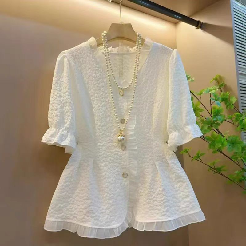 ส่งไวจากไทย Summer M-4XL ลูกไม้ตัดเสื้อผู้หญิงเกาหลีผู้หญิงบวกขนาดเสื้อหลวมสั้นฤดูร้อนด้านบน