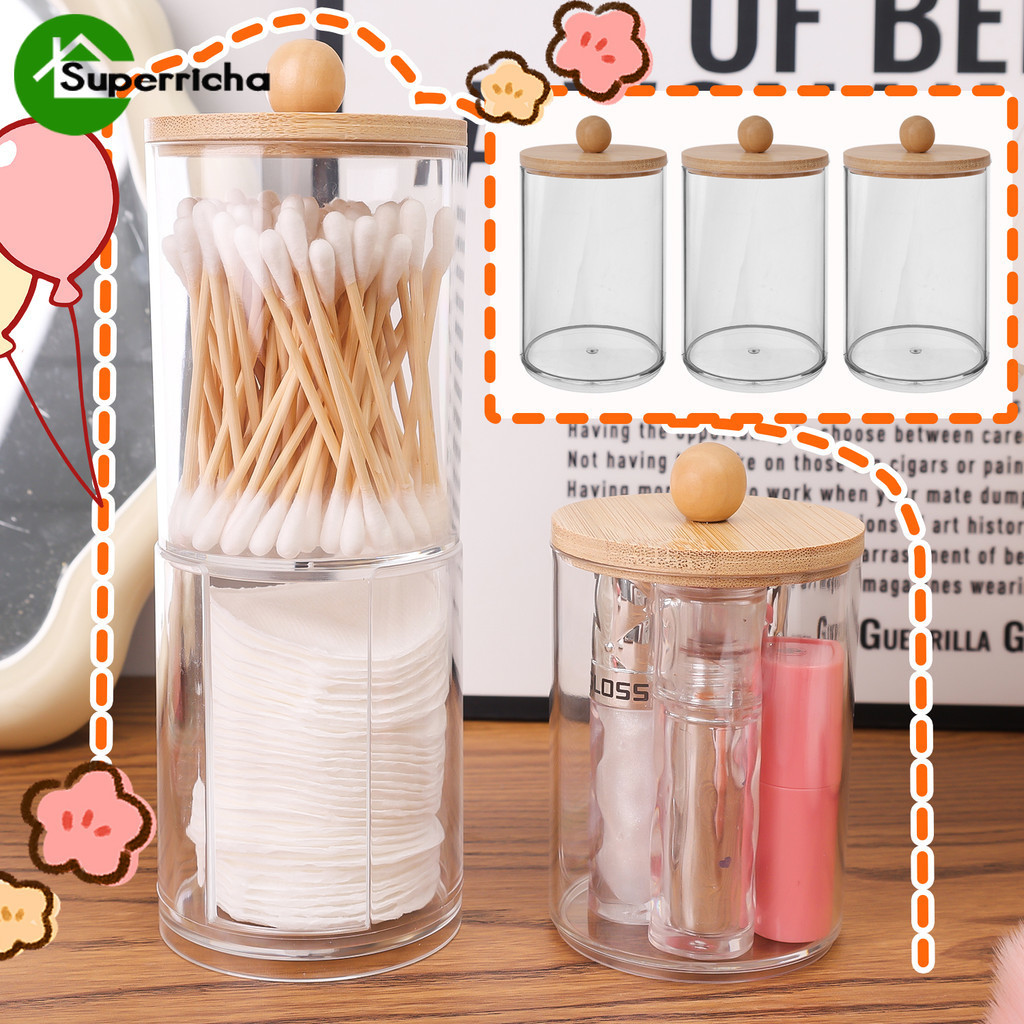 [H&L]กล่องเก็บของสองชั้นพร้อมฝาปิดไม้ไผ่ | ที่จัดระเบียบเครื่องสําอางแบบใสสําหรับสําลี,ที่ใส่เดสก์ท็อปวัสดุ ปล ทนทานใช้ในบ้านและโรงแรม