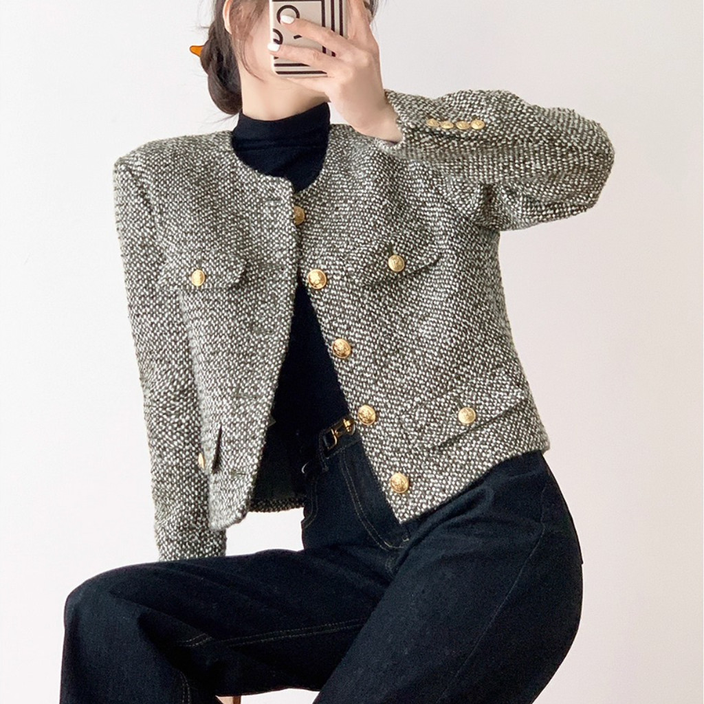 สไตล์หรูหรา สไตล์เกาหลี เสื้อทวิต คาร์ดิแกน กระดุม เบลเซอร์ เสื้อคลุม สีดํา มีกระเป๋า ผู้หญิง แจ็คเก็ต มีกระเป๋า XL
