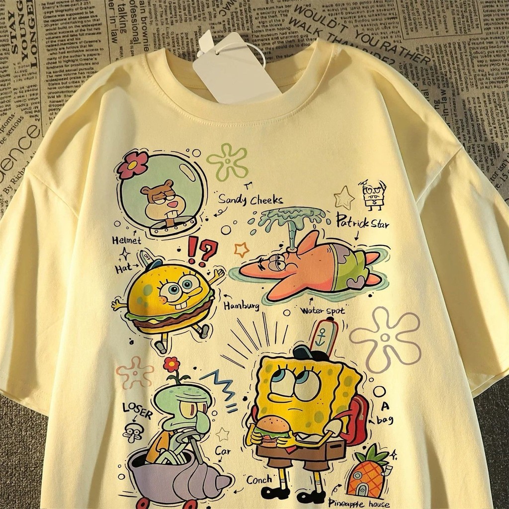 เสื้อยืดแขนสั้นลาย.spongeBob สำหรับเด็ก ไซส์กลางถึงใหญ่