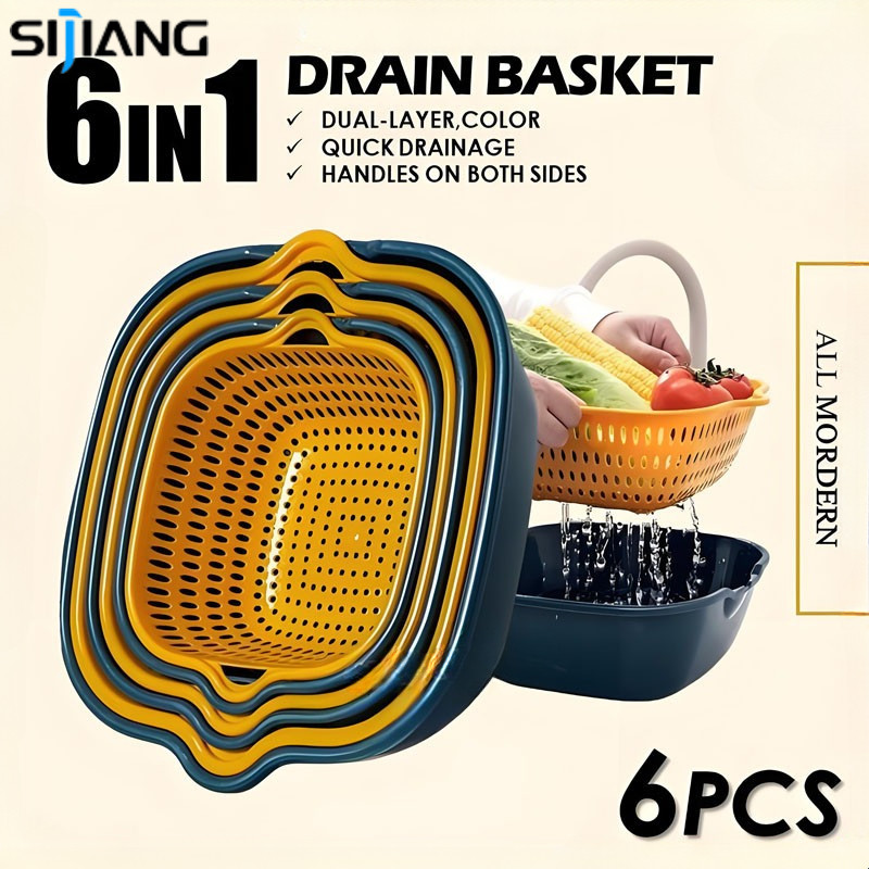 XIJIANG (ราคาต่ําสุดผ่านเครือข่าย) 6 In 1 ผัก Drainer อ่างล้างหน้า/มัลติฟังก์ชั่ผลไม้ซักผ้าคอนเทนเนอ