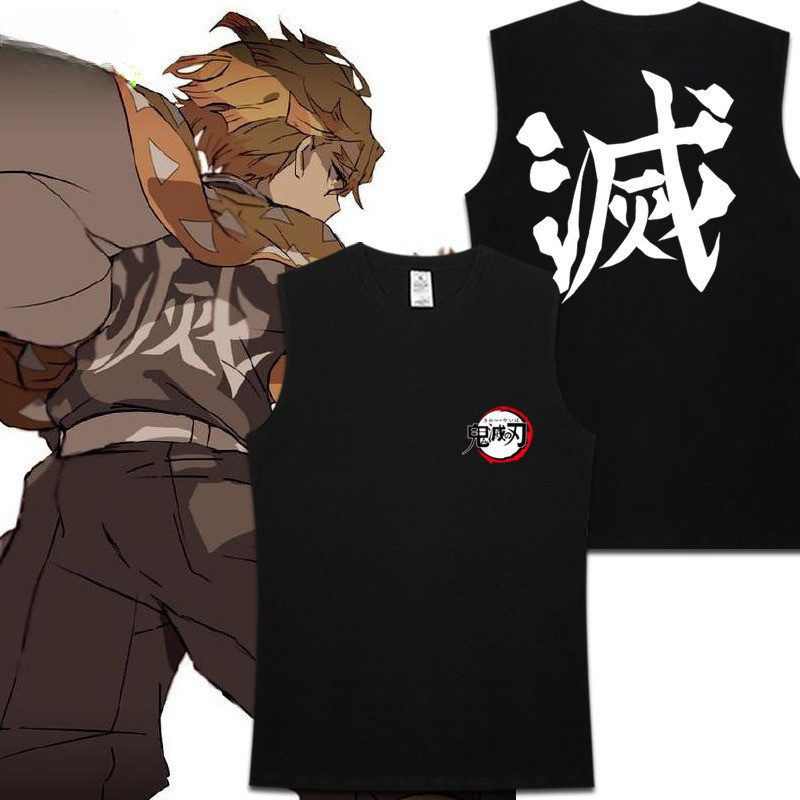 เสื้อยืดแขนกุดผ้าฝ้ายทรงหลวมลายอนิเมะ Demon Slayer ฤดูร้อน