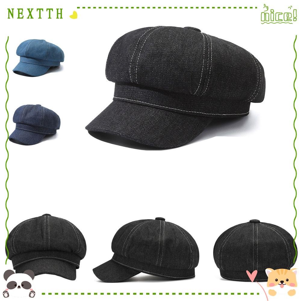 NEXTTH หมวกเบเร่ต์เดนิม แบบวินเทจสีทึบแปดเหลี่ยมด้านหลังปิด เหมาะสำหรับหลายโอกาสในสไตล์นิวส์บอย