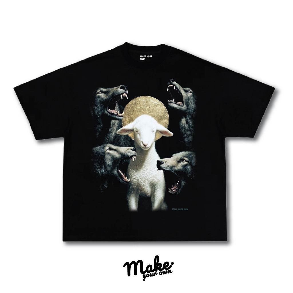 (MAKEYOUROWN) เสื้อ  Wolfpack and Sheep คอชิด วินเทจ COTTON OVERSIZE  สกรีนแบบ DTG ดีที่สุดในตลาด