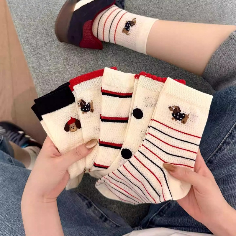 ถุงเท้าผู้หญิงตาข่ายระบายอากาศบาง ลายลูกสุนัขการ์ตูน สไตล์ญี่ปุ่น