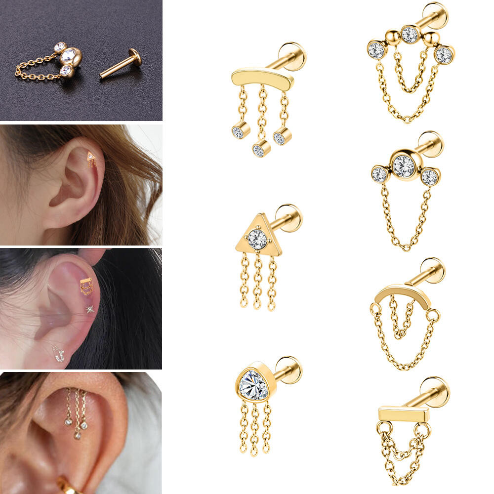 1 PC สแตนเลสสตีลต่างหูเจาะ 16G จมูก Nostrail Stud คริสตัลจมูกสตั๊ดโซ่คู่ Dangle ต่างหู 6 มม./8 มม.ด้ายภายใน Helix Conch กระดูกอ่อน Daith เจาะทอง