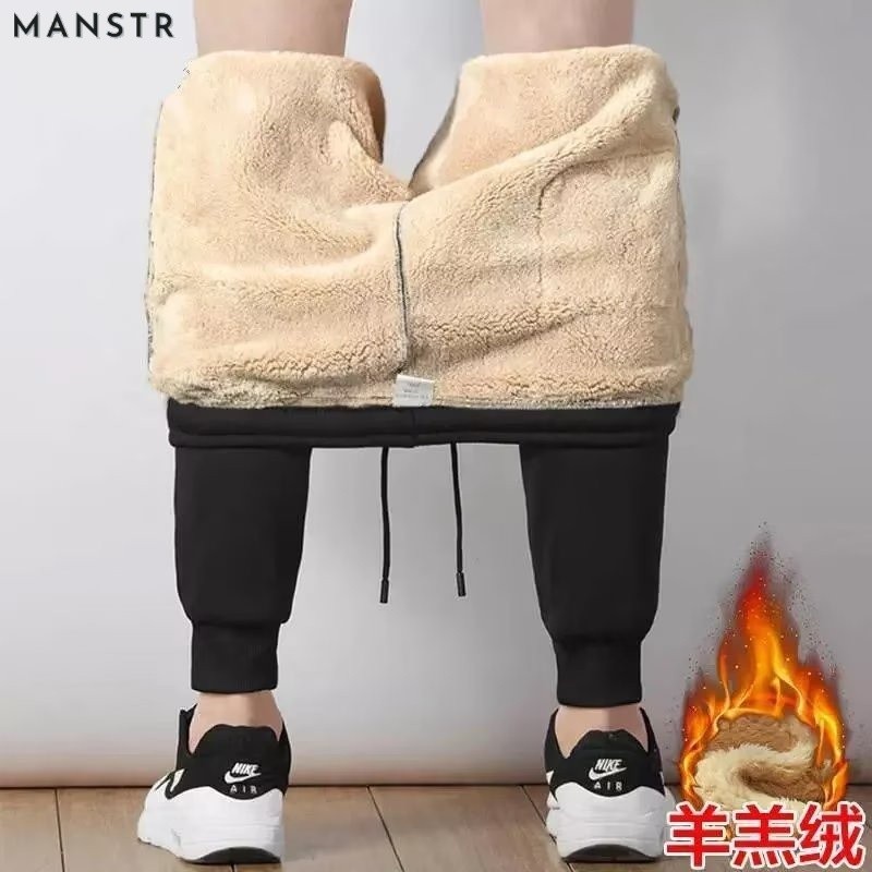 MANSTR กางเกงเลกกิ้ง ผ้าขนแกะ บุขนสัตว์ บุกํามะหยี่ แบบหนา สีดํา พลัสไซซ์ ไซซ์ M-5XL สําหรับผู้ชาย