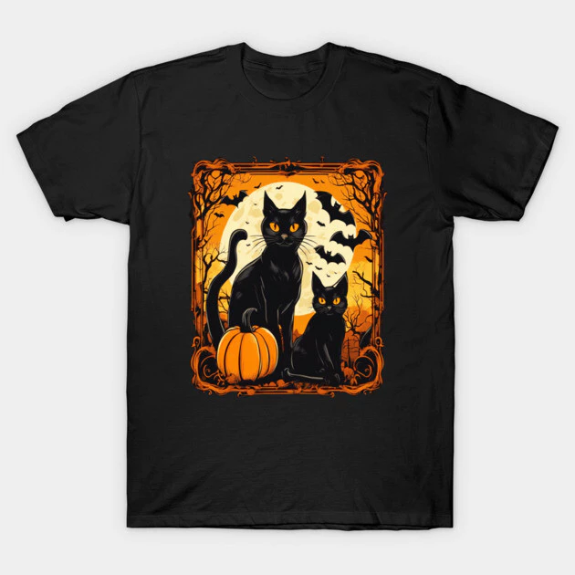 เสื้อยืด Vintage Halloween Black Cats with Bats