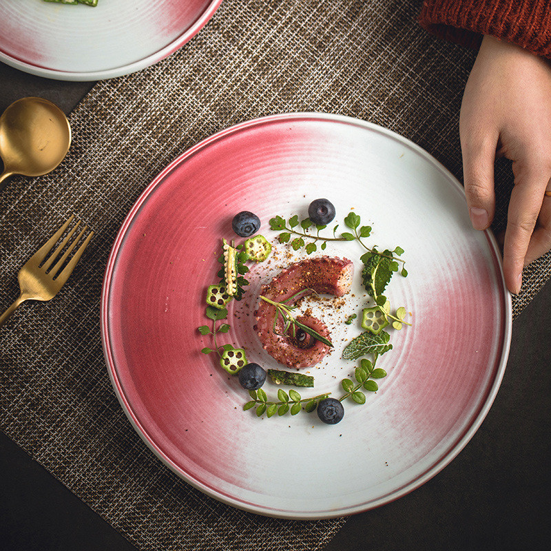 สไตล์ญี่ปุ่น Meiren Jihong จานอาหารตะวันตกจานสเต็ก Retro Creative Gradient จานเย็นบนโต๊ะอาหารจานขนมพ