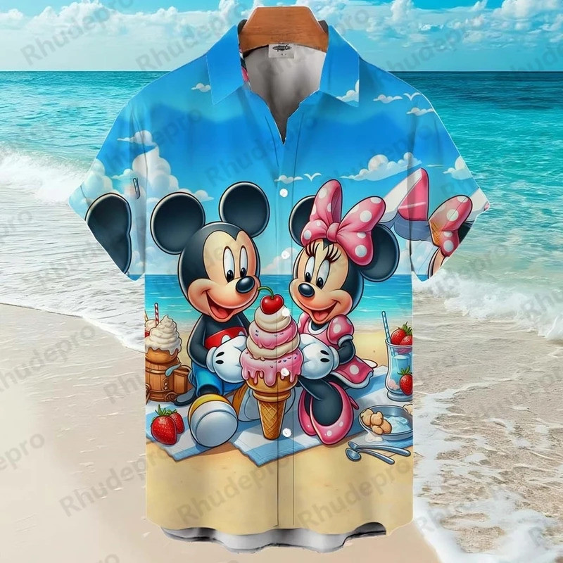 Disney 3D ลายพิมพ์ Mickey Mouse และ Goofy ขนาดใหญ่ เสื้อฮาวายแขนสั้น สำหรับผู้ชาย สไตล์ casual แบบใหม่ในฤดูร้อน