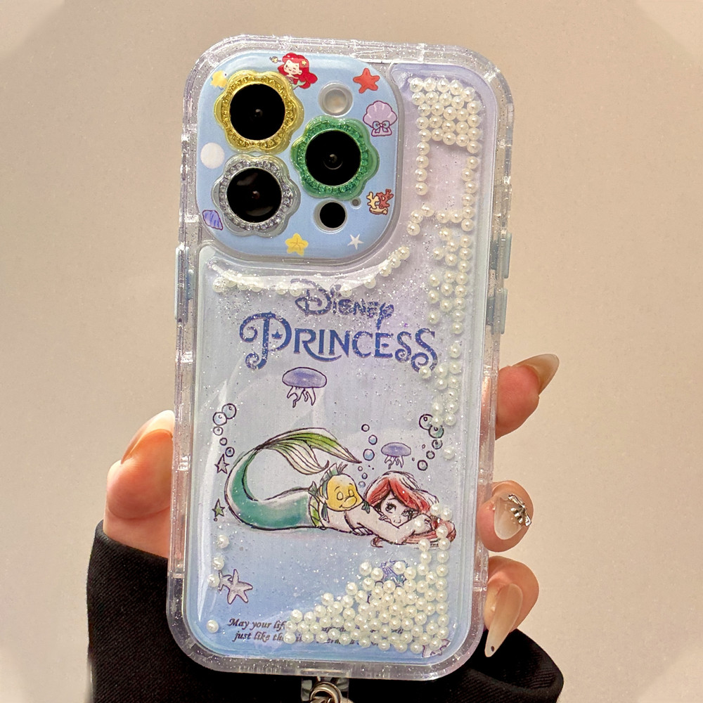 เคสไอโฟน ฤดูร้อนแบบไดนามิกของเหลวทรายดูดกรณี ไอโฟน 14 มือโปร สูงสุด เกาหลีเจ้าหญิงเงือกสายรัดข้อมือสร้อยข้อมือกรณีเต็มร่างกายเลนส์ป้องกันกรณีสําหรับ ไอโฟน 16 15 14 13 โปร สูงสุด
