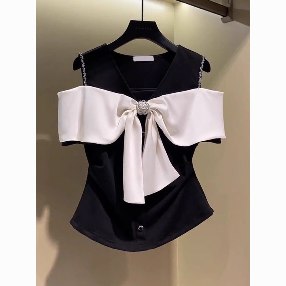 เสื้อยืดผูกโบว์ไหล่หรูหราสลิมมิ่ง 2024 เสื้อแขนสั้นฤดูร้อนใหม่