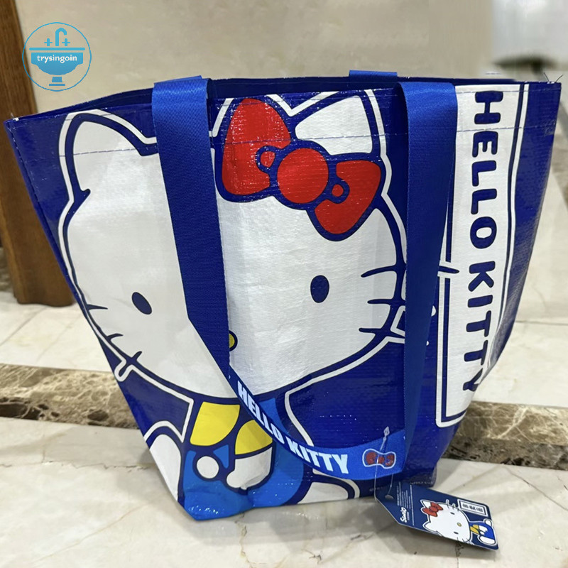 [trysingoin] Super Kawaii Blue Kittys พิมพ์ช้อปปิ้งกระเป๋าไนลอนเป็นมิตรกับสิ่งแวดล้อมกระเป๋าทอมือหนึ่งไหล่น่ารักและทนทานกระเป๋า TH