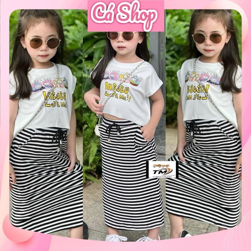 Of Labubu เสื้อเชิ้ตผ้าฝ้าย Kitty TM777 กระโปรงลายทาง ชุดสําหรับเด็กผู้หญิง