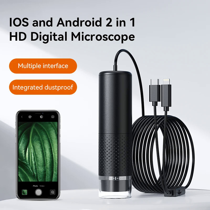 Type-c 2in1 มือถือกล้องจุลทรรศน์ดิจิตอลแบบพกพา 8LED 1600X เหรียญแว่นขยายขยาย Endoscope สําหรับ iPhone Android โทรศัพท์ตรวจสอบกล้องกล้องจุลทรรศน์