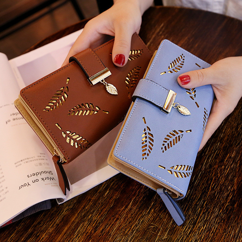 กระเป๋าสตางค์ใบยาวผู้หญิงแฟชั่น Hollowed-out Leaf-Shaped Zipper Hasp Wallet