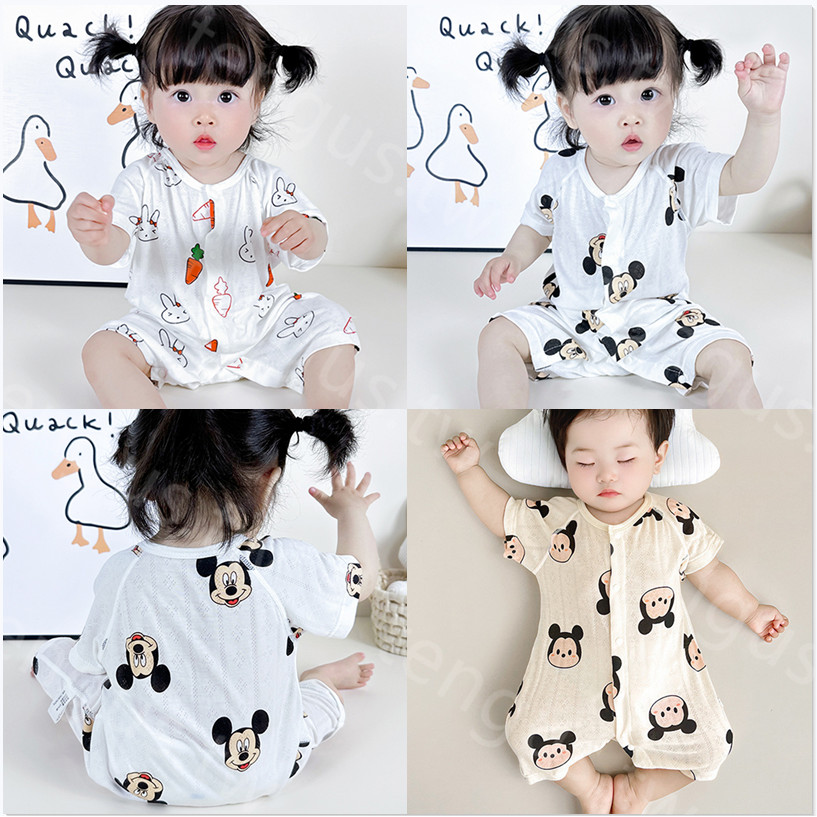 เวอร์ชั่นเกาหลีพร้อมสต็อกการ์ตูน Xiaomi ชายหญิงเด็ก Slub Cotton Cool การ์ตูนแขนสั้น Jumpsuit ทารกแรกเกิดผ้าฝ้าย Breathable Hole เสื้อผ้า