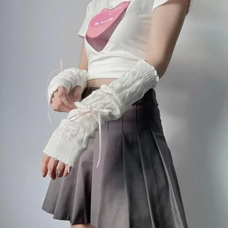 SWEE ถุงมือถัก, Fingerless False Sleeves Long Wrist Gloves, สไตล์ญี่ปุ่นสีดําสีขาวนิ้วมือแขนอุ่นข้อศอก Mittens สําหรับ Y2k Spice Girls