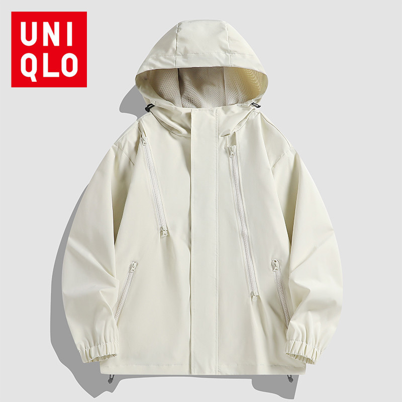 UNIQLO ยูนิโคล่ เสื้อแจ็คเก็ตกันลมและกันน้ําฤดูใบไม้ร่วงพร้อมเสื้อแจ็คเก็ตดีไซน์หลายซิปเสื้อแจ็คเก็ตมีฮู้ด