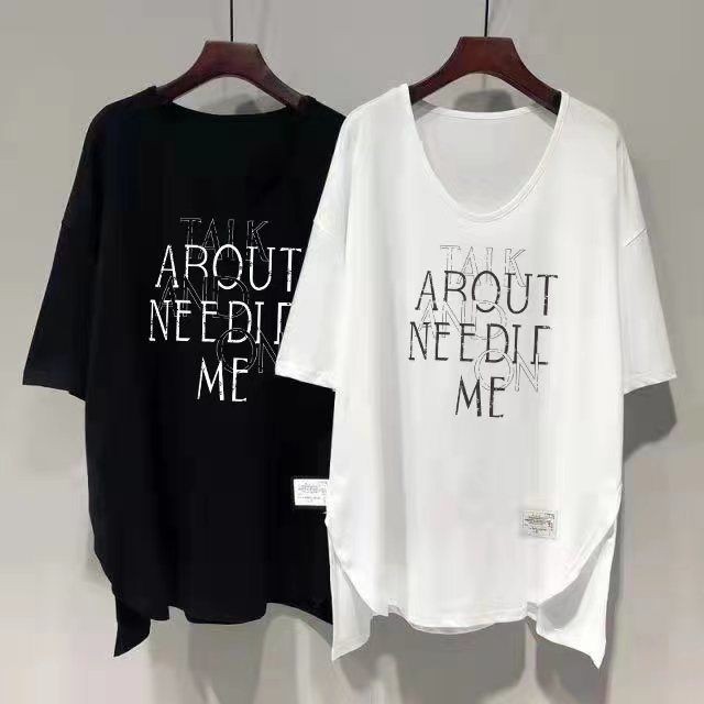 เสื้อยืด Oversize(40-150kg) ผู้หญิงเกาหลีพิมพ์ตัวอักษรแขนสั้น V คอ Plus ขนาดแยก T เสื้อ