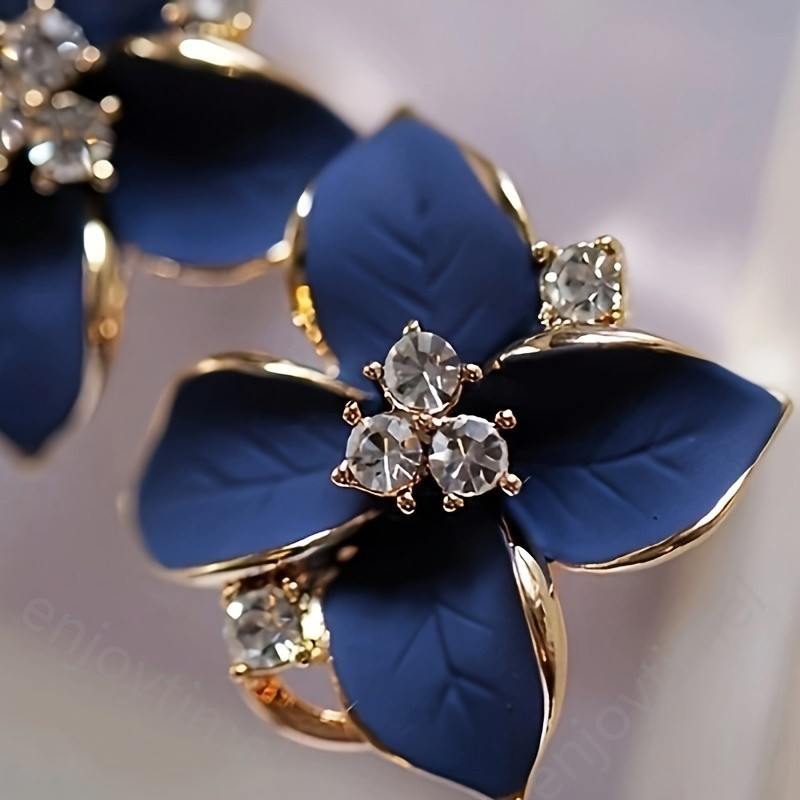 Elegant Vintage สไตล์ Sapphire Blue Camellia STUD ต่างหู rhinestones Inlay สำหรับผู้หญิงแฟชั่น Retro Matte Oil DROP Design อุปกรณ์เสริมของขวัญสำหรับผู้หญิง