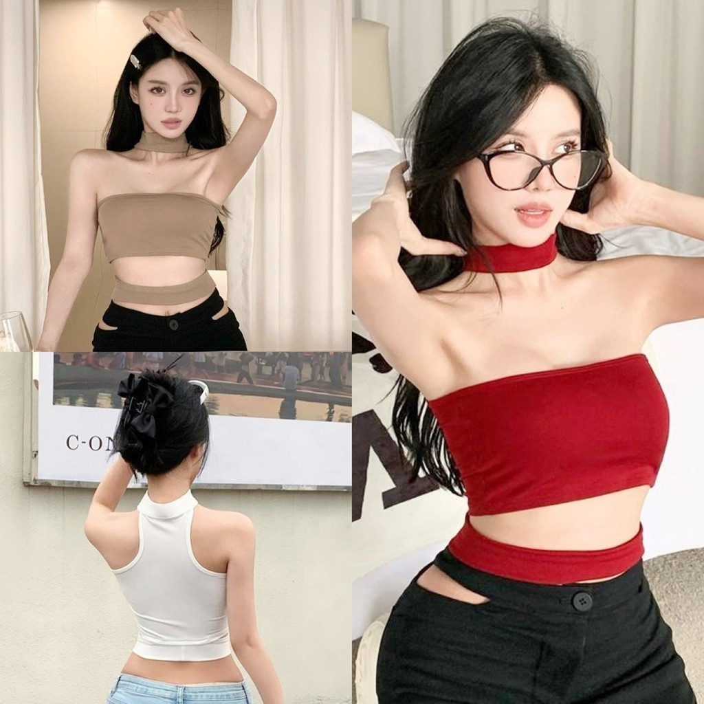ราคาถูกที่สุด เกาะอกแฟชั่นคล้องคอจากด้านหลัง 6 สี ชายเสื้อแต่งคาด