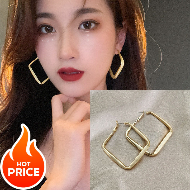 S925 เข็มเงิน Matt Gold Square ต่างหูผู้หญิงอารมณ์ต่างหูสี่เหลี่ยมขนาดใหญ่
