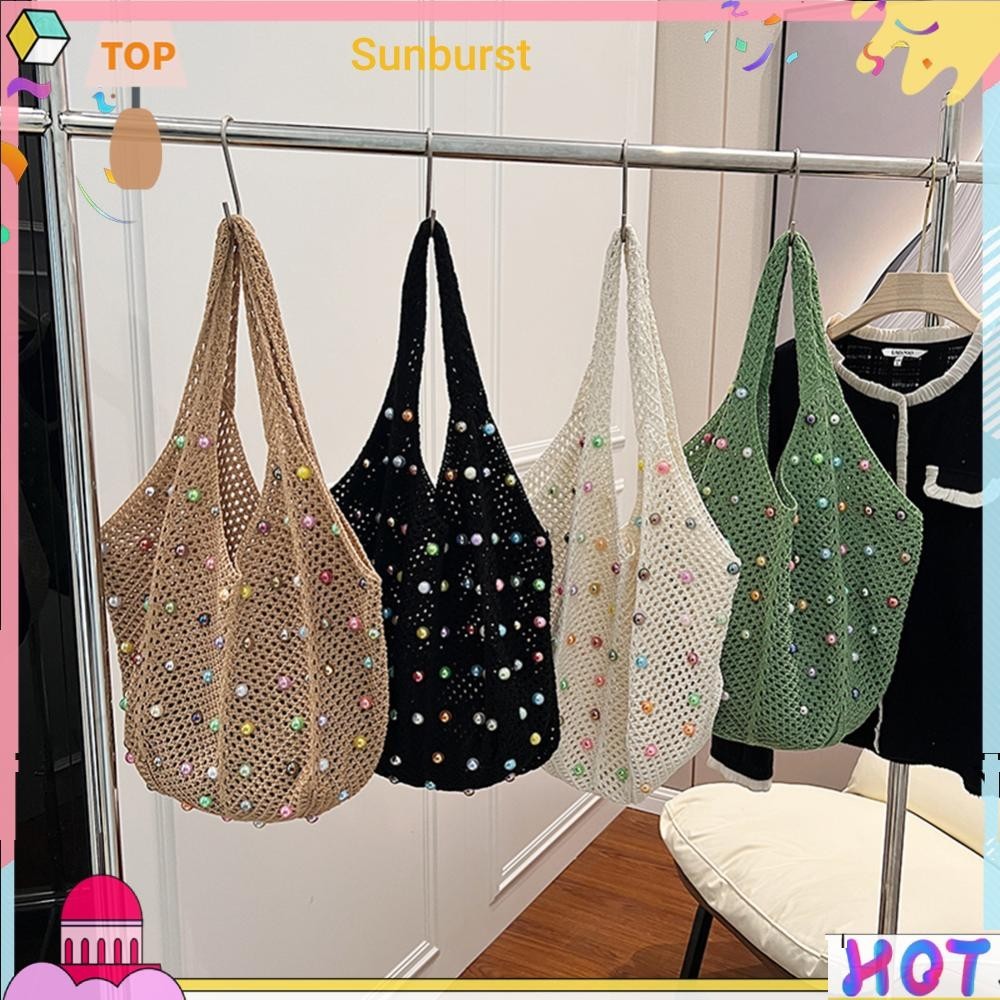 ผู้หญิง Boho กระเป๋าโครเชต์พร้อมลูกปัดสีถัก Tote กระเป๋าถือหญิงฤดูร้อนกระเป๋า [Sunburst11.th]