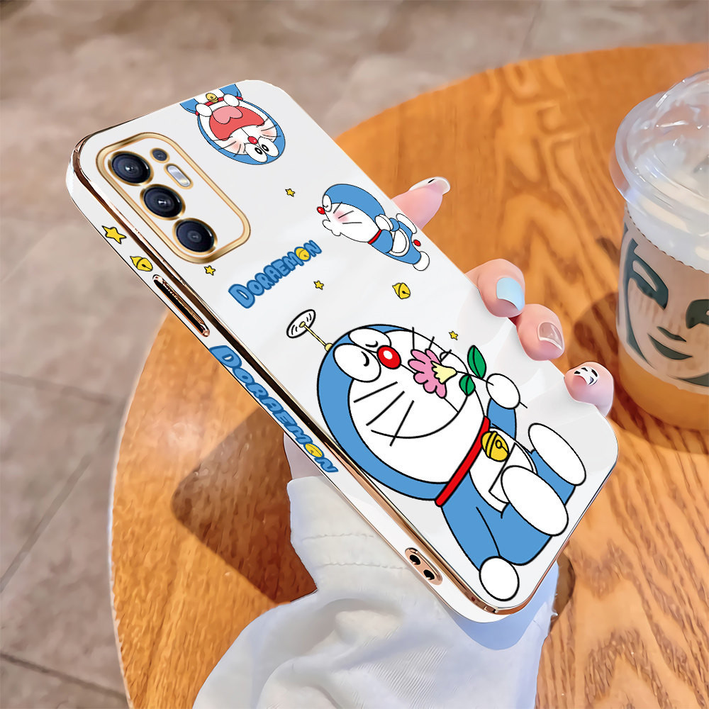 สําหรับ OPPO Reno6 5G Reno5 Reno4 4G Reno 6 5 Pro 6Z 5G น่ารักโดราเอมอนเคสโทรศัพท์หรูหราชุบ TPU ปกอ่อนกันกระแทก