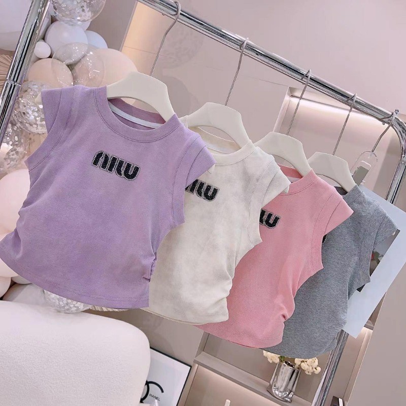 [สาวด้านบน] (12-40กิโลกรัม) คอกลมแขนกุดพิมพ์เด็กสาวเสื้อกล้ามแฟชั่นสาวเย็นด้านบนสวมใส่