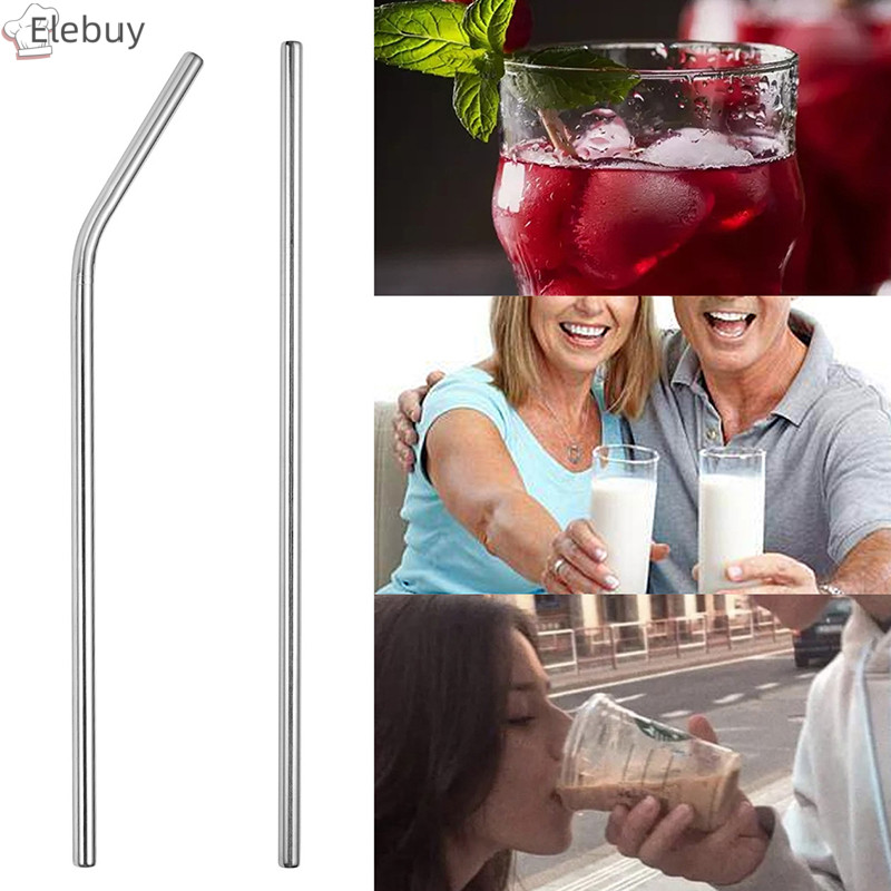 Elebuy 6 ชิ้นโลหะนํามาใช้ใหม่ 304 หลอดสแตนเลสตรง Bent ดื่มฟางกรณีแปรงทําความสะอาดชุด Party Bar อุปกรณ์เสริมใหม่