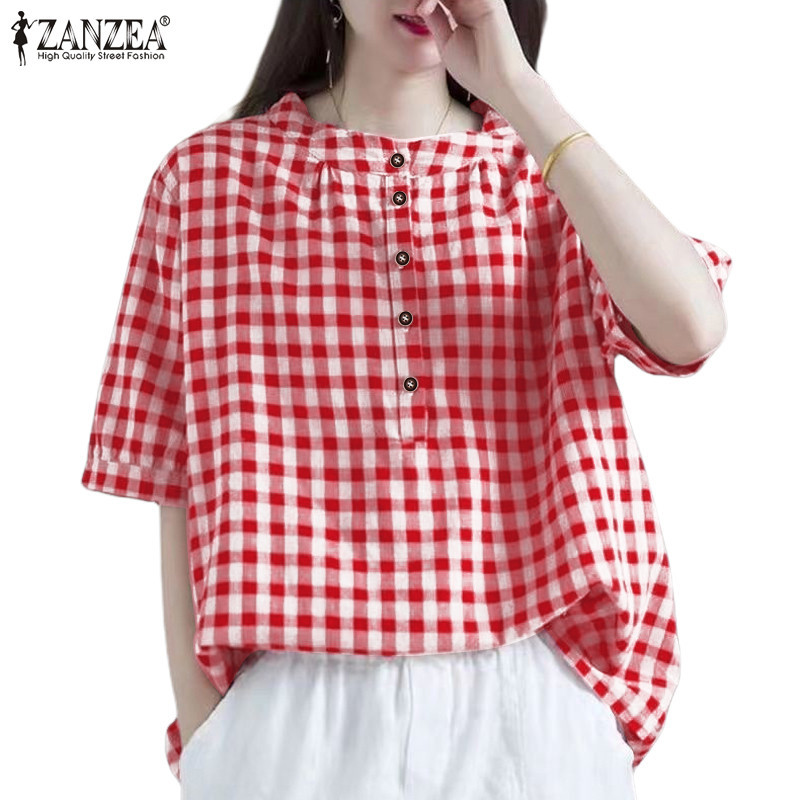 ZANZEA ใส่ ซานเซีย ผู้หญิงเกาหลีรอบคอตารางพิมพ์ครึ่งแขนเสื้อปุ่ม