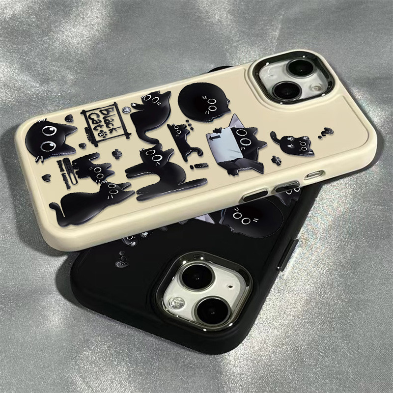 สนุกเหรียญแมวดํารูปแบบเคสโทรศัพท์เข้ากันได้สําหรับ IPhone 13 15 12 11 14 Pro MAX XR X XS MAX 15Plus Se2020 7/8 Plus ซิลิโคนนุ่มขนาดใหญ่กรอบโลหะเคสโทรศัพท์