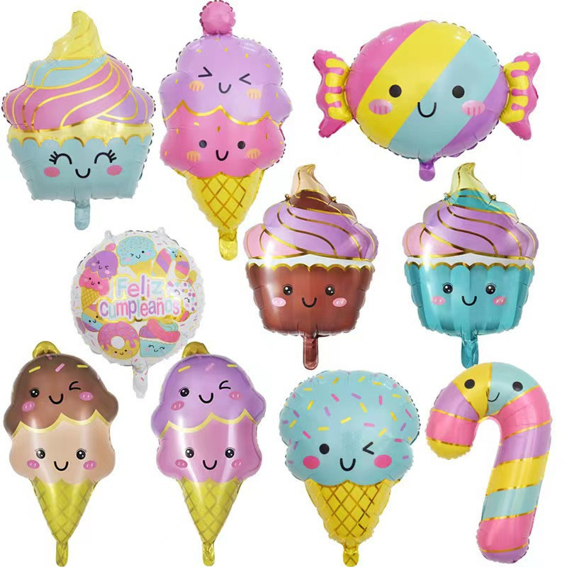 [พร้อมส่ง] ลูกโป่งสองชั้น น่ารัก โดนัท ขนม ไอติม รถไอติม พร้อมไม้ค้ํา baf4