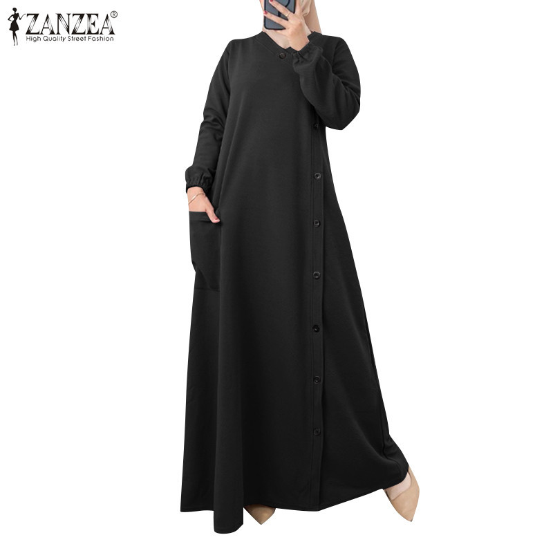 Zanzea ชุดเดรสคอวีแฟชั่นมุสลิมสําหรับผู้หญิงสีพื้นกระเป๋ากระดุมแถวเดียว