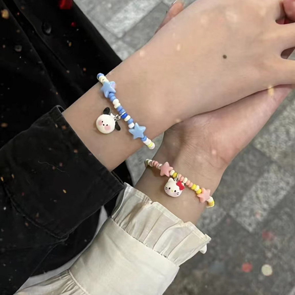 การ์ตูนน่ารัก เคที แมว โปชาโค ปรับสร้อยข้อมือคู่สําหรับผู้หญิงสร้อยข้อมือลูกปัดข้าวสําหรับคู่รัก, แฟนของขวัญ, เครื่องประดับจบการศึกษานัก