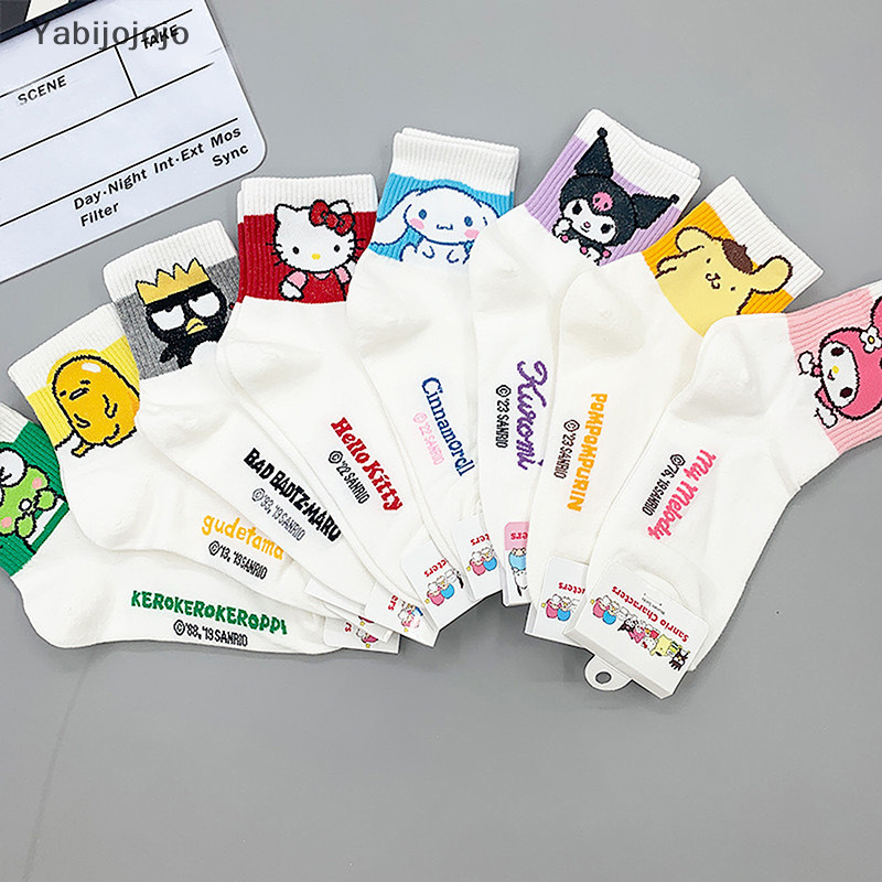 Yabijojojo Hello Kitty กลางถุงเท้าหลอด Kuromi การ์ตูนสัตว์ถุงเท้า Kawaii Sanrio Melody ถุงเท้า Rosered สีดําสีขาวถุงเท้าสําหรับสาวผู้หญิงใหม่